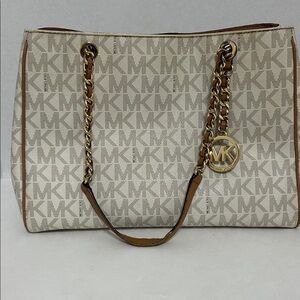 Michael Kors Cream & Tan MK Logo Shoulder Tote with Gold Chain Trim